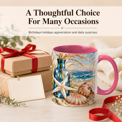 #pl[11oz|Pink] Stained Glass Style Seashell Coffee Mug, Starfish Mug, Ceramic Cup