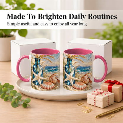 #pl[11oz|Pink] Stained Glass Style Seashell Coffee Mug, Starfish Mug, Ceramic Cup