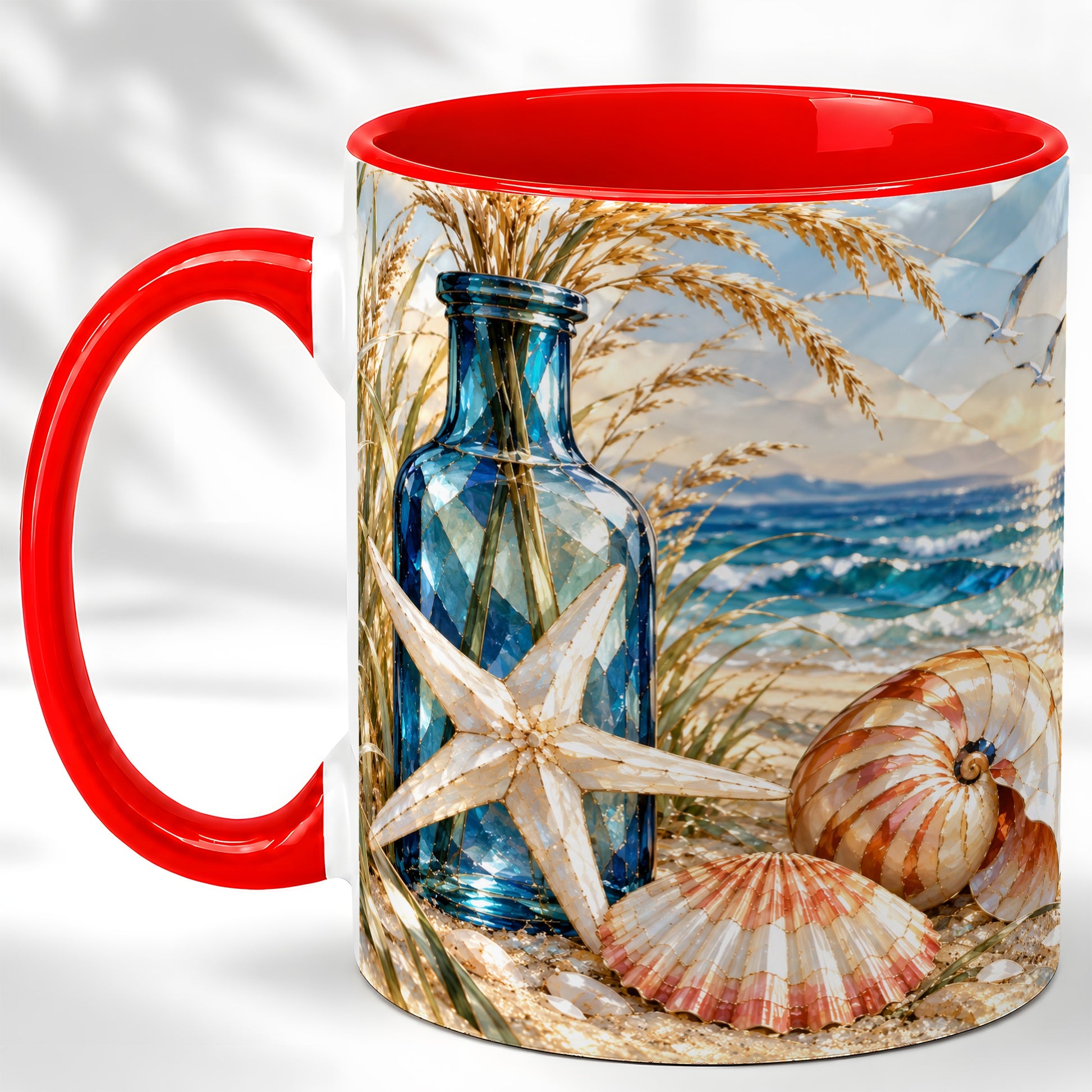 Stained Glass Style Seashell Coffee Mug, Starfish Mug, Ceramic Cup
