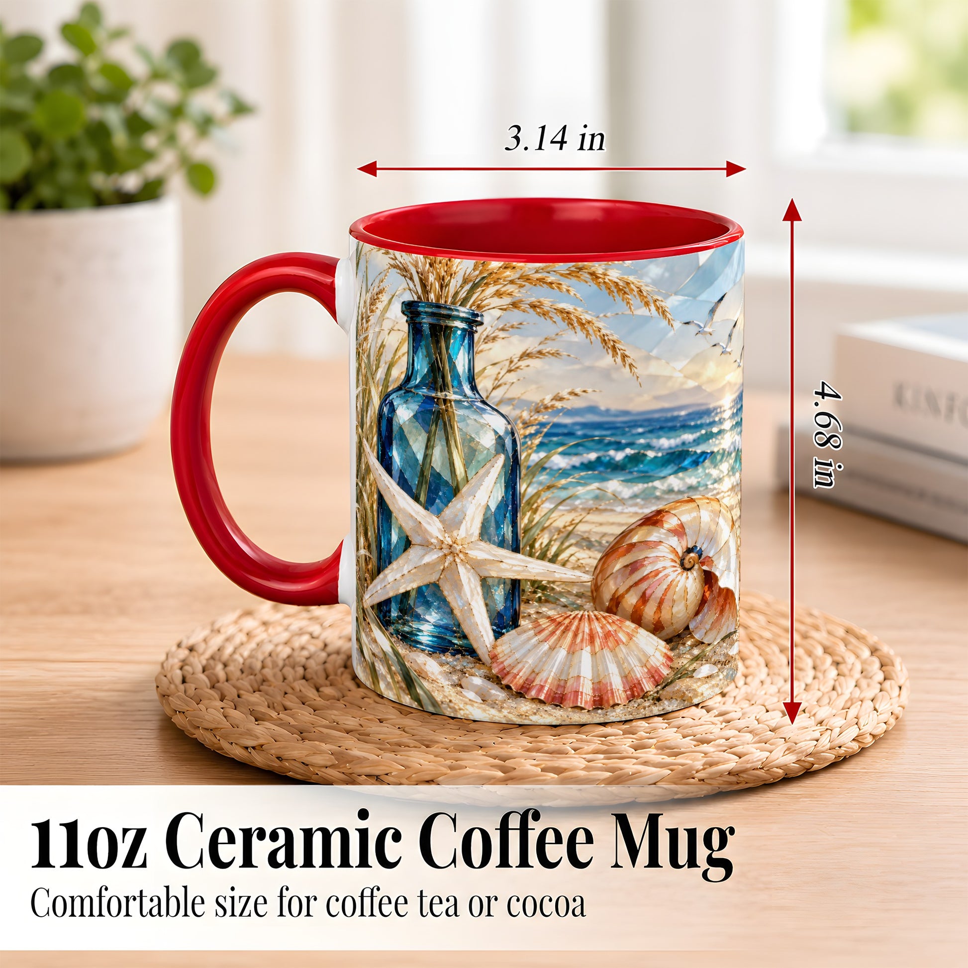 #pl[11oz|Red] Stained Glass Style Seashell Coffee Mug, Starfish Mug, Ceramic Cup