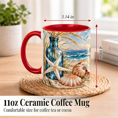 #pl[11oz|Red] Stained Glass Style Seashell Coffee Mug, Starfish Mug, Ceramic Cup