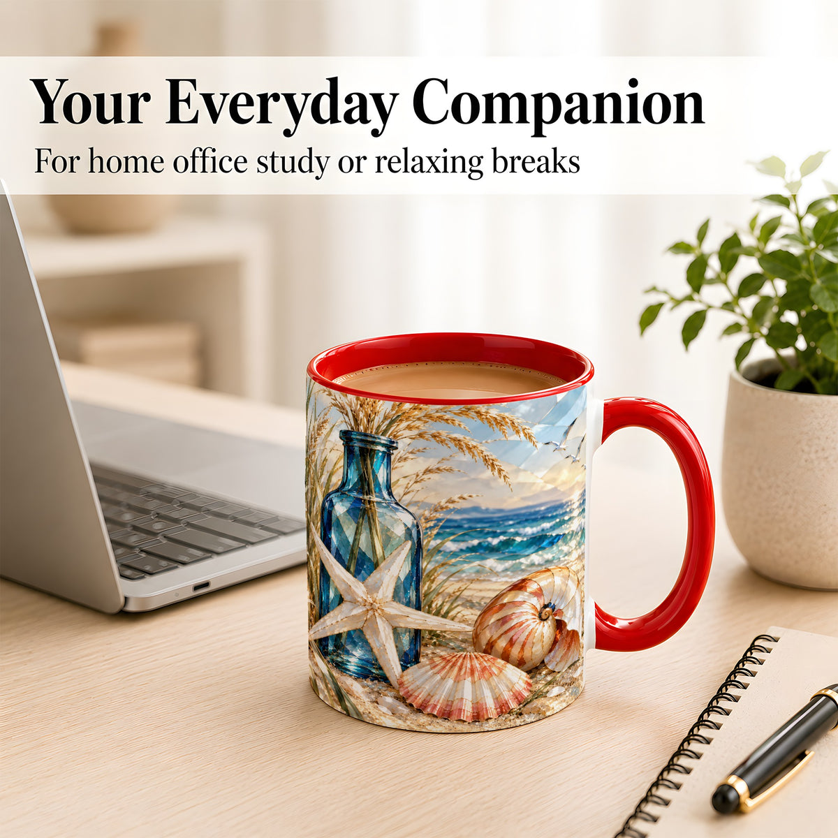 #pl[11oz|Red] Stained Glass Style Seashell Coffee Mug, Starfish Mug, Ceramic Cup