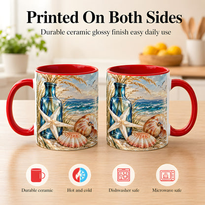 #pl[11oz|Red] Stained Glass Style Seashell Coffee Mug, Starfish Mug, Ceramic Cup