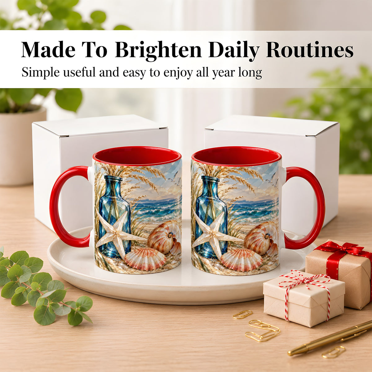 #pl[11oz|Red] Stained Glass Style Seashell Coffee Mug, Starfish Mug, Ceramic Cup