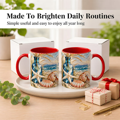 #pl[11oz|Red] Stained Glass Style Seashell Coffee Mug, Starfish Mug, Ceramic Cup