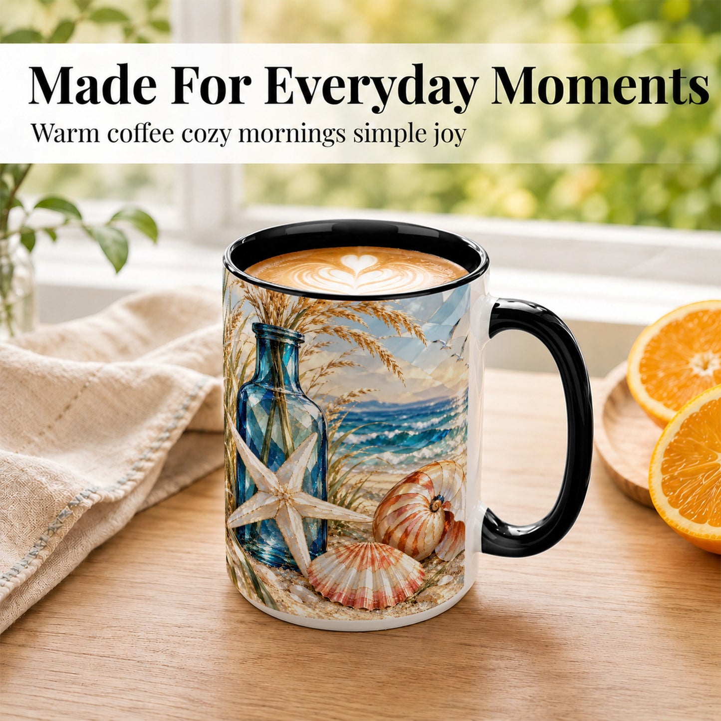 #pl[15oz|Black] Stained Glass Style Seashell Coffee Mug, Starfish Mug, Ceramic Cup