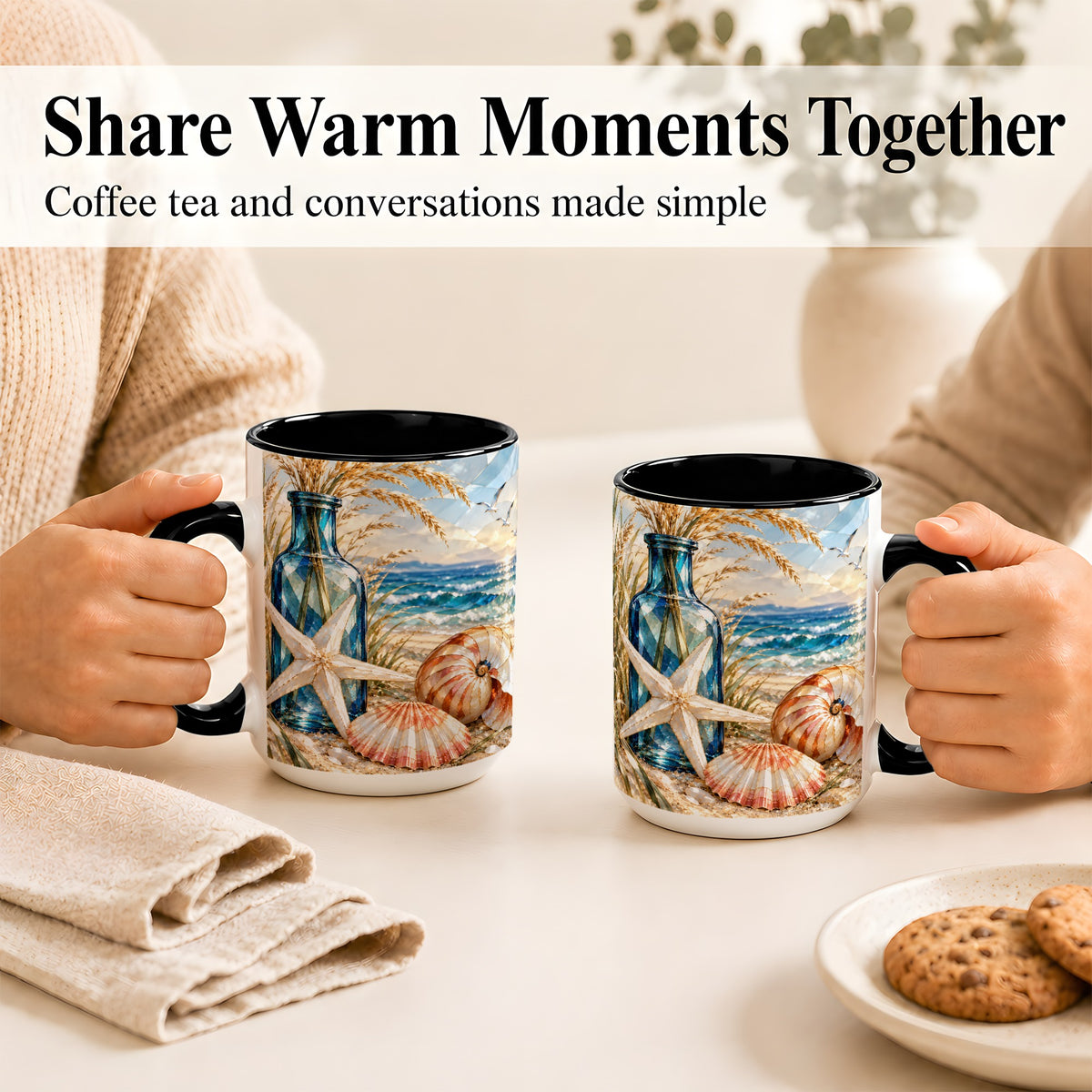 #pl[15oz|Black] Stained Glass Style Seashell Coffee Mug, Starfish Mug, Ceramic Cup