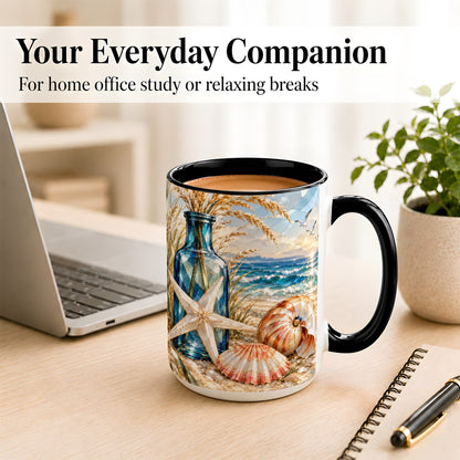 #pl[15oz|Black] Stained Glass Style Seashell Coffee Mug, Starfish Mug, Ceramic Cup