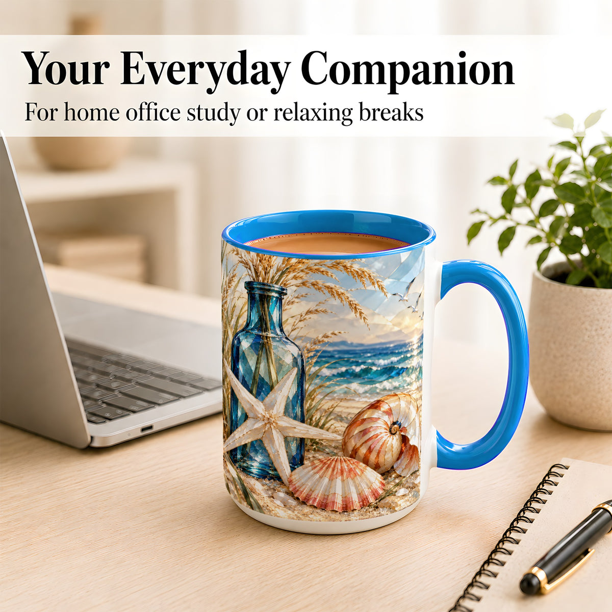 #pl[15oz|Blue] Stained Glass Style Seashell Coffee Mug, Starfish Mug, Ceramic Cup