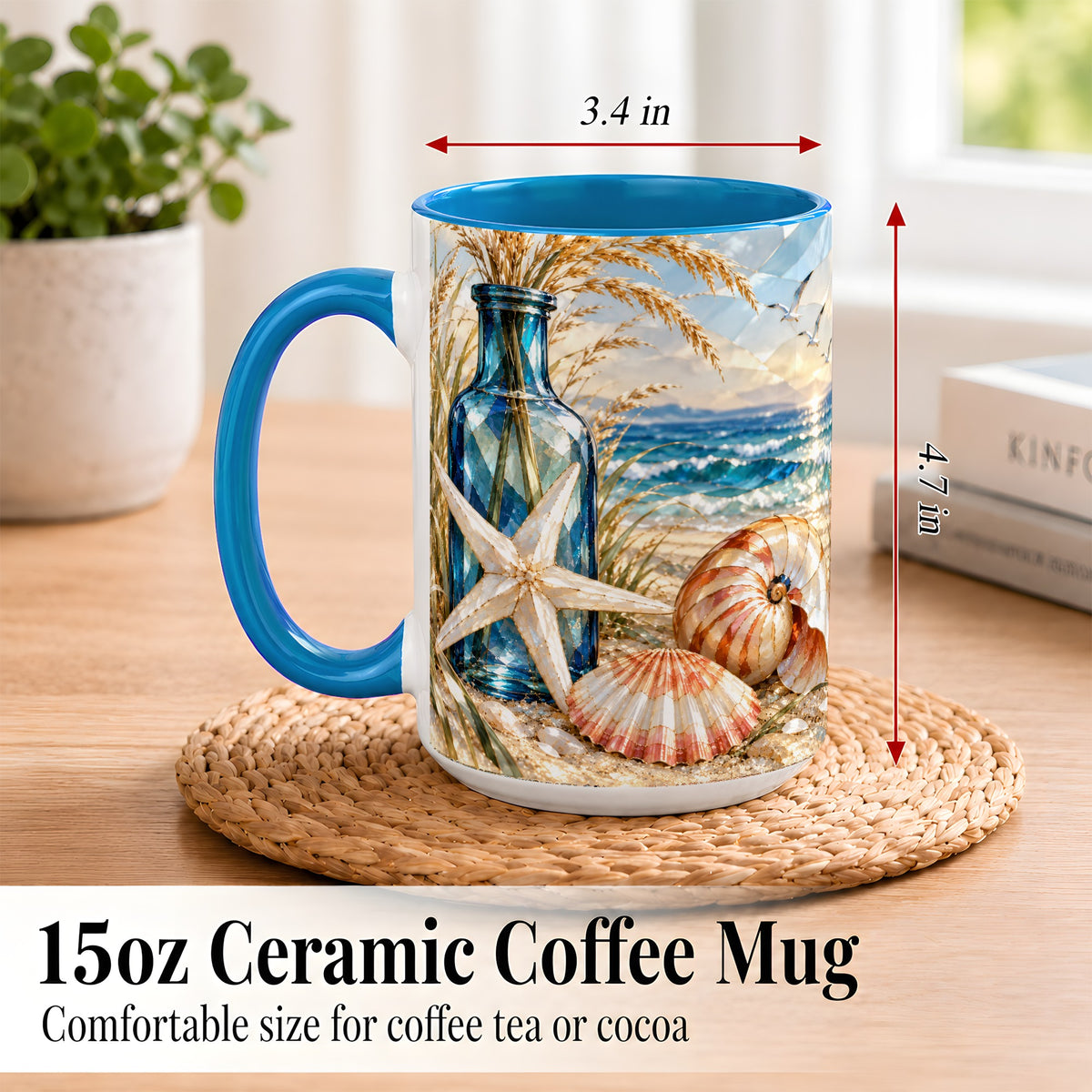 #pl[15oz|Blue] Stained Glass Style Seashell Coffee Mug, Starfish Mug, Ceramic Cup