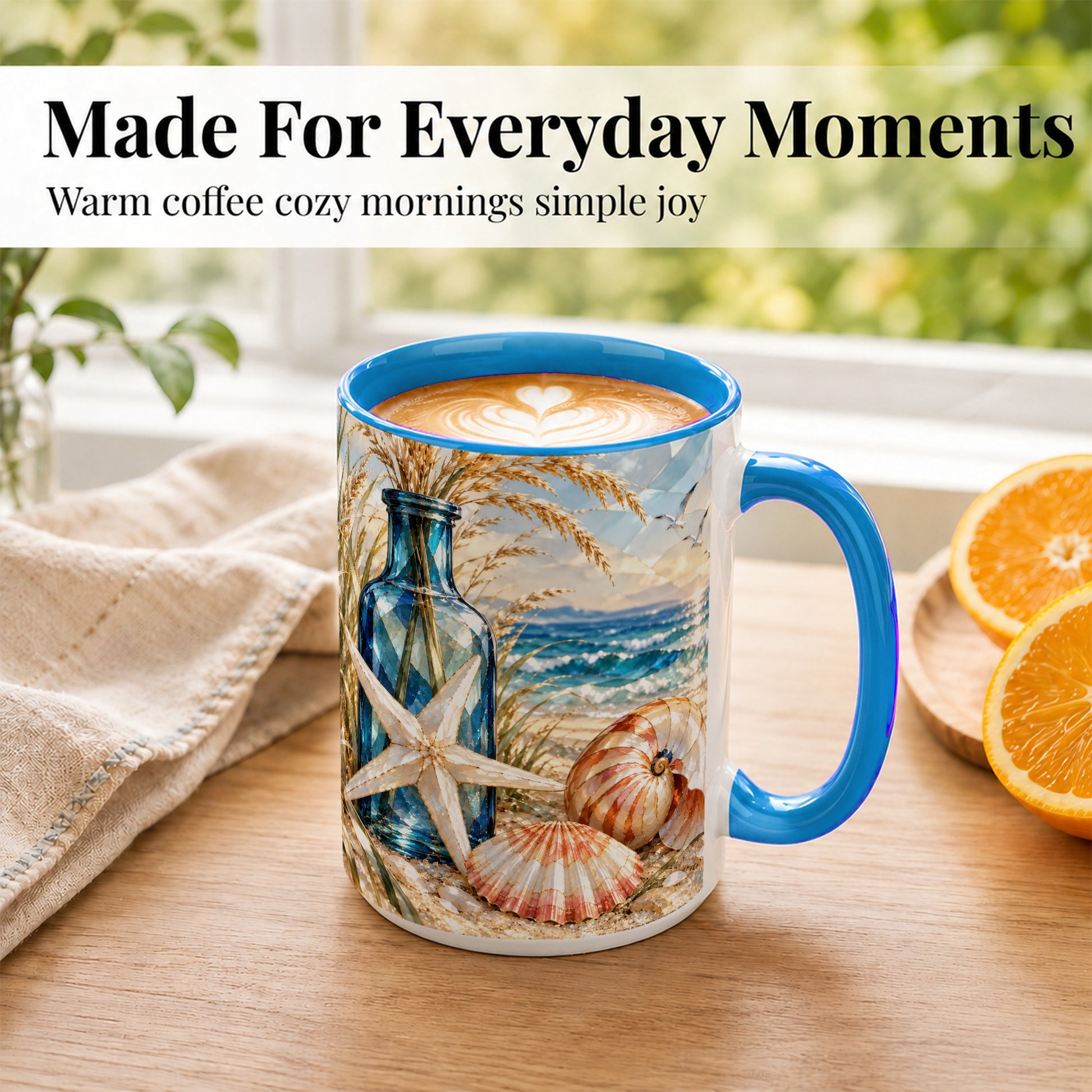 #pl[15oz|Blue] Stained Glass Style Seashell Coffee Mug, Starfish Mug, Ceramic Cup