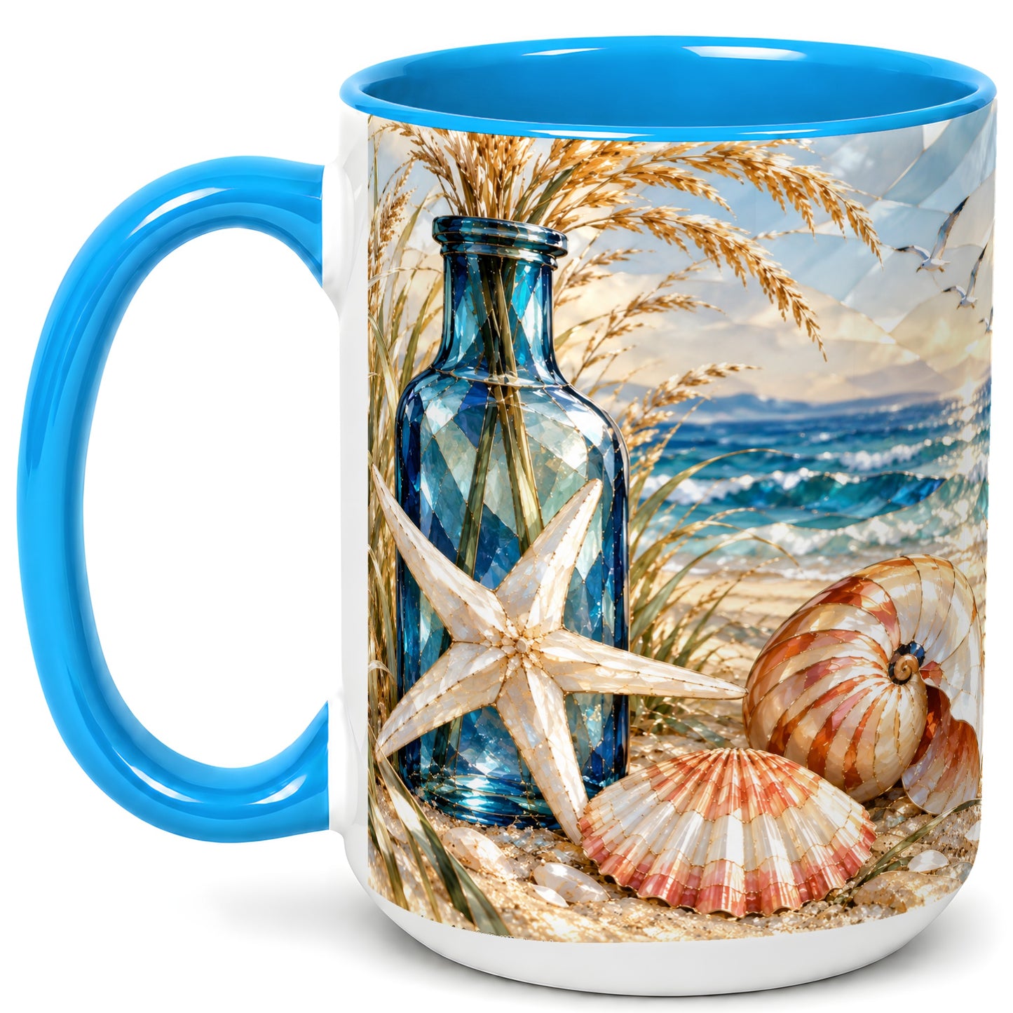 #pl[15oz|Blue] Stained Glass Style Seashell Coffee Mug, Starfish Mug, Ceramic Cup