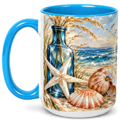 #pl[15oz|Blue] Stained Glass Style Seashell Coffee Mug, Starfish Mug, Ceramic Cup