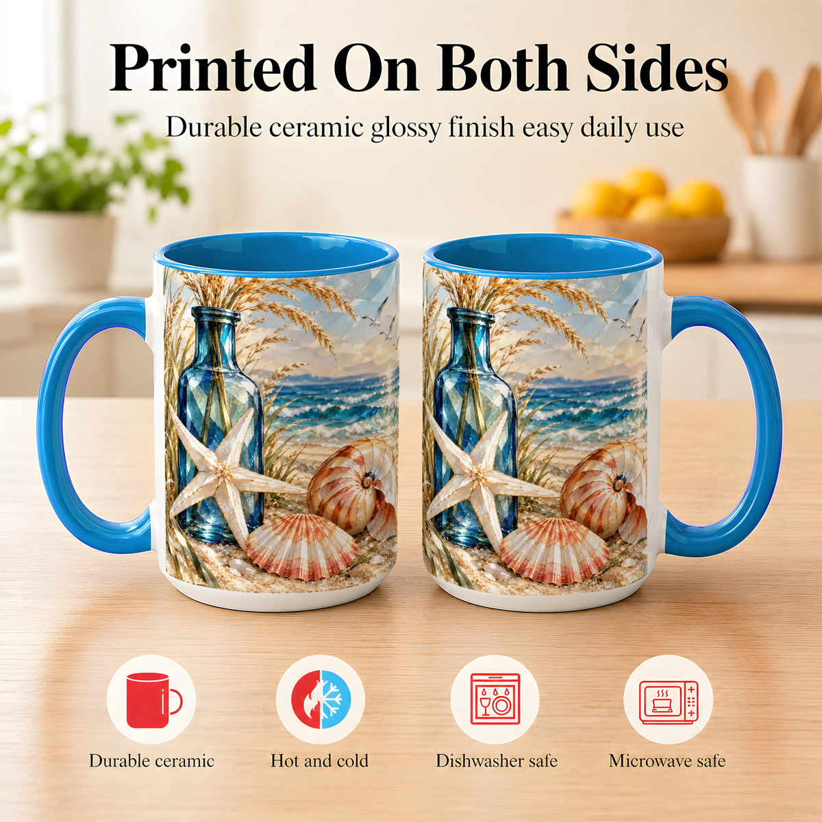 #pl[15oz|Blue] Stained Glass Style Seashell Coffee Mug, Starfish Mug, Ceramic Cup