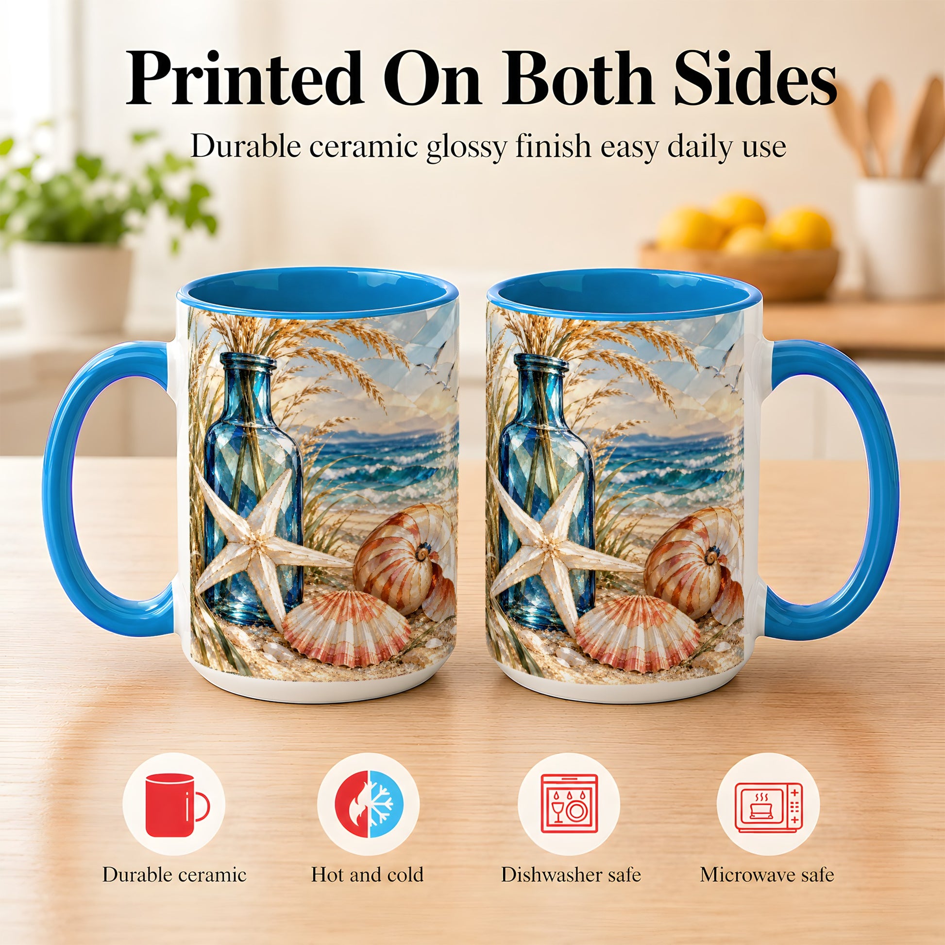 #pl[15oz|Blue] Stained Glass Style Seashell Coffee Mug, Starfish Mug, Ceramic Cup