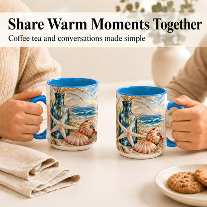 #pl[15oz|Blue] Stained Glass Style Seashell Coffee Mug, Starfish Mug, Ceramic Cup