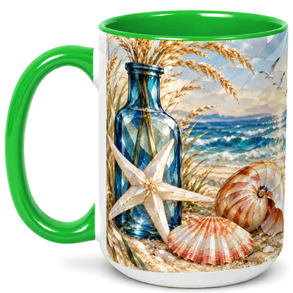 #pl[15oz|Green] Stained Glass Style Seashell Coffee Mug, Starfish Mug, Ceramic Cup