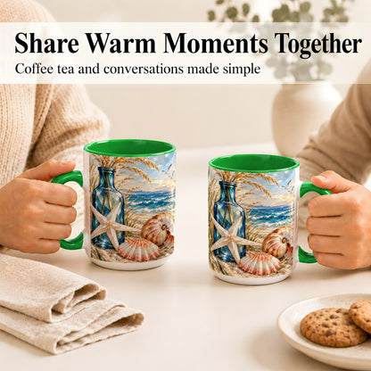 #pl[15oz|Green] Stained Glass Style Seashell Coffee Mug, Starfish Mug, Ceramic Cup