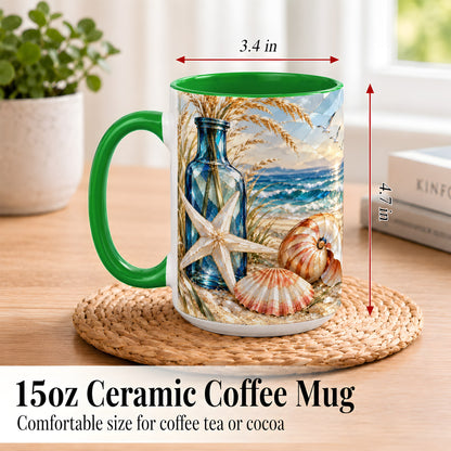 #pl[15oz|Green] Stained Glass Style Seashell Coffee Mug, Starfish Mug, Ceramic Cup