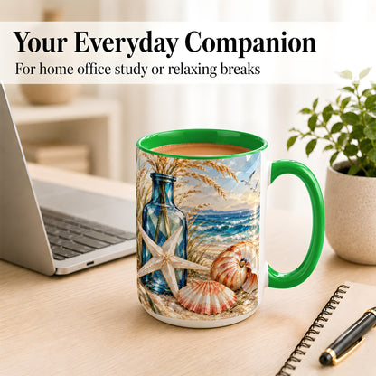 #pl[15oz|Green] Stained Glass Style Seashell Coffee Mug, Starfish Mug, Ceramic Cup
