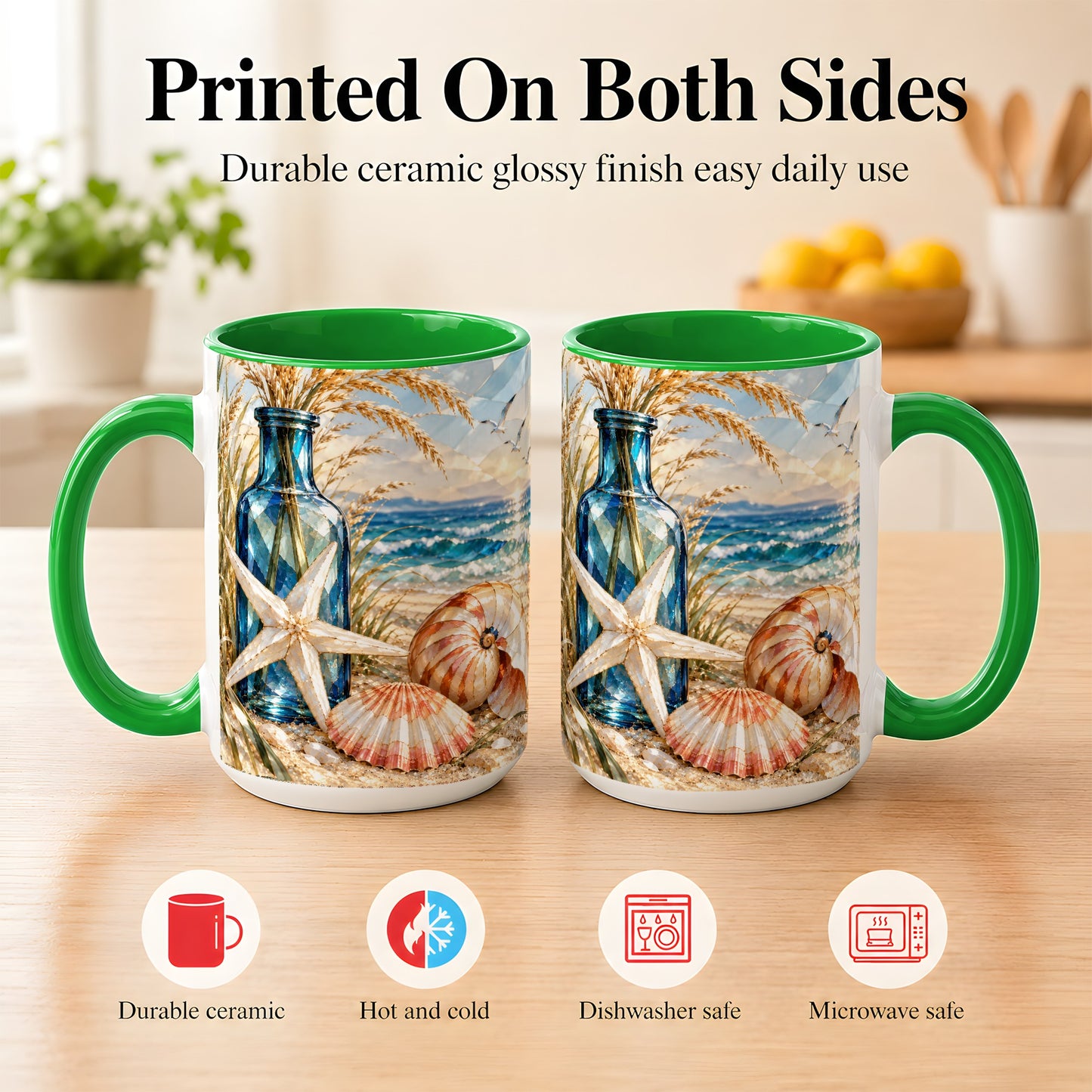 #pl[15oz|Green] Stained Glass Style Seashell Coffee Mug, Starfish Mug, Ceramic Cup
