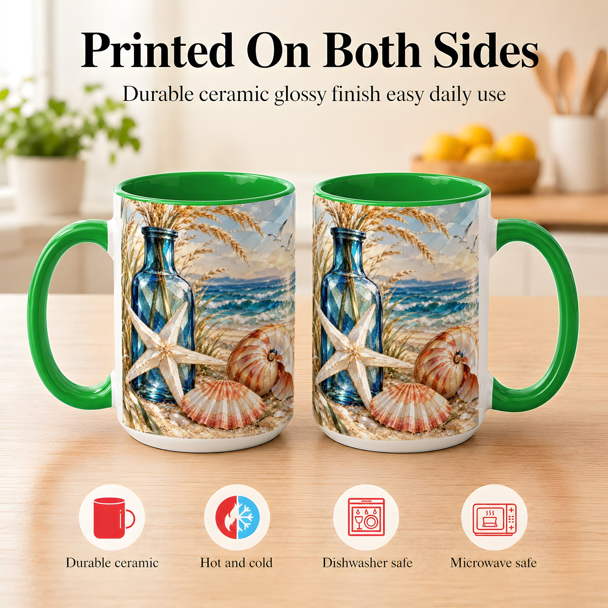 #pl[15oz|Green] Stained Glass Style Seashell Coffee Mug, Starfish Mug, Ceramic Cup