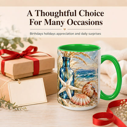 #pl[15oz|Green] Stained Glass Style Seashell Coffee Mug, Starfish Mug, Ceramic Cup