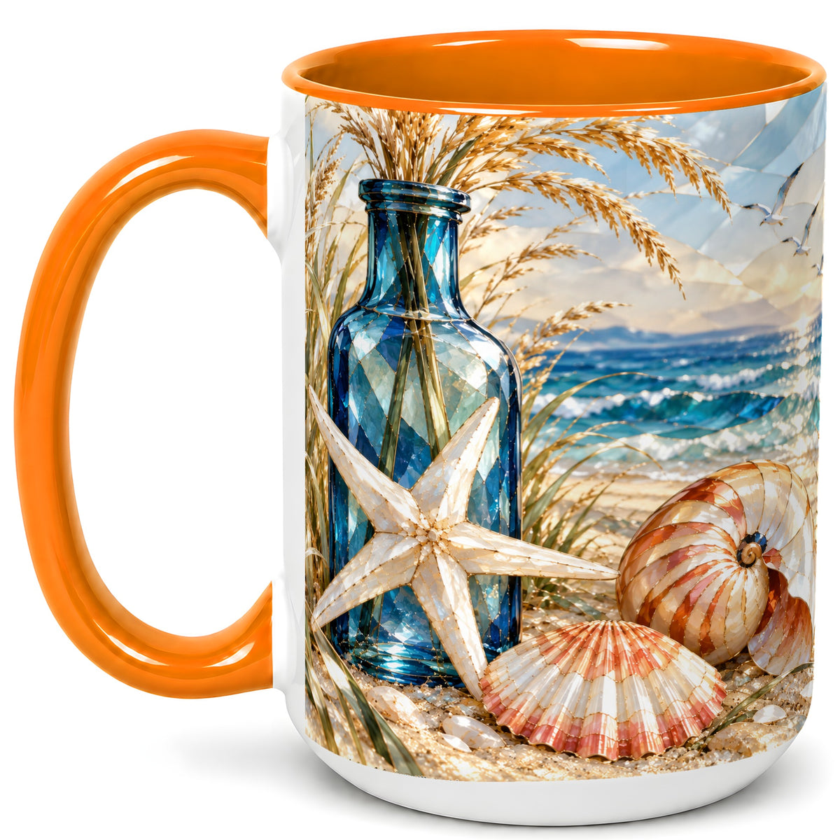 #pl[15oz|Orange] Stained Glass Style Seashell Coffee Mug, Starfish Mug, Ceramic Cup