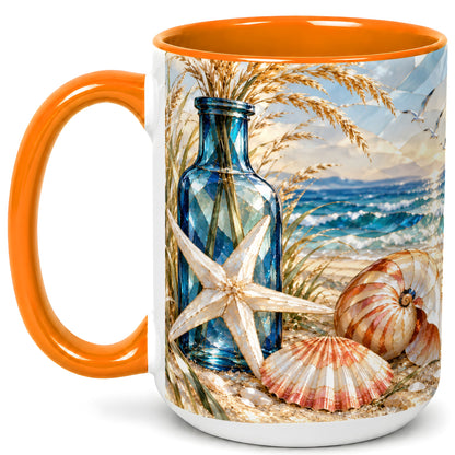 #pl[15oz|Orange] Stained Glass Style Seashell Coffee Mug, Starfish Mug, Ceramic Cup