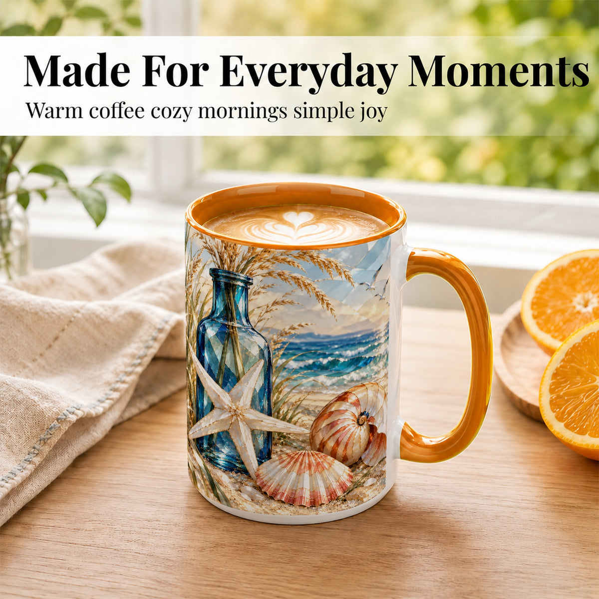 #pl[15oz|Orange] Stained Glass Style Seashell Coffee Mug, Starfish Mug, Ceramic Cup
