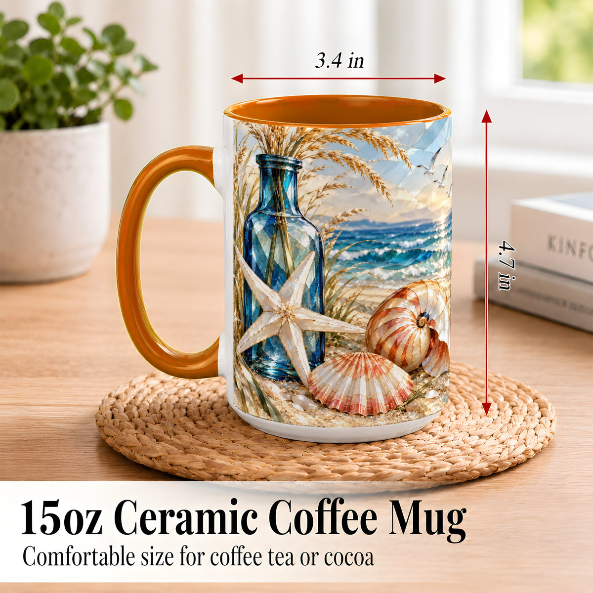 #pl[15oz|Orange] Stained Glass Style Seashell Coffee Mug, Starfish Mug, Ceramic Cup