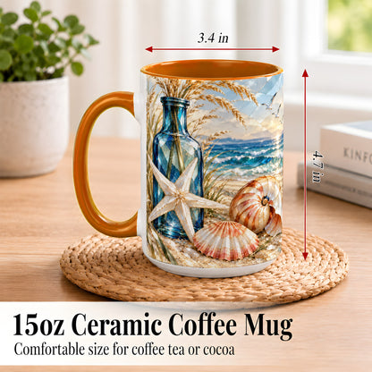#pl[15oz|Orange] Stained Glass Style Seashell Coffee Mug, Starfish Mug, Ceramic Cup