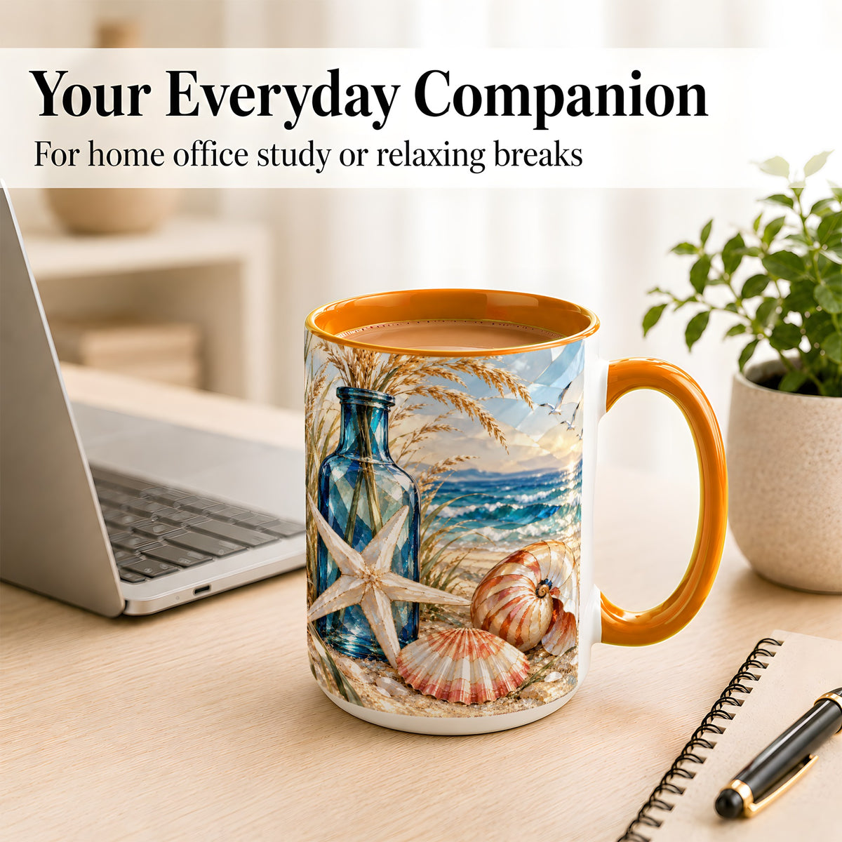 #pl[15oz|Orange] Stained Glass Style Seashell Coffee Mug, Starfish Mug, Ceramic Cup