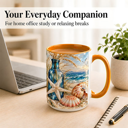 #pl[15oz|Orange] Stained Glass Style Seashell Coffee Mug, Starfish Mug, Ceramic Cup