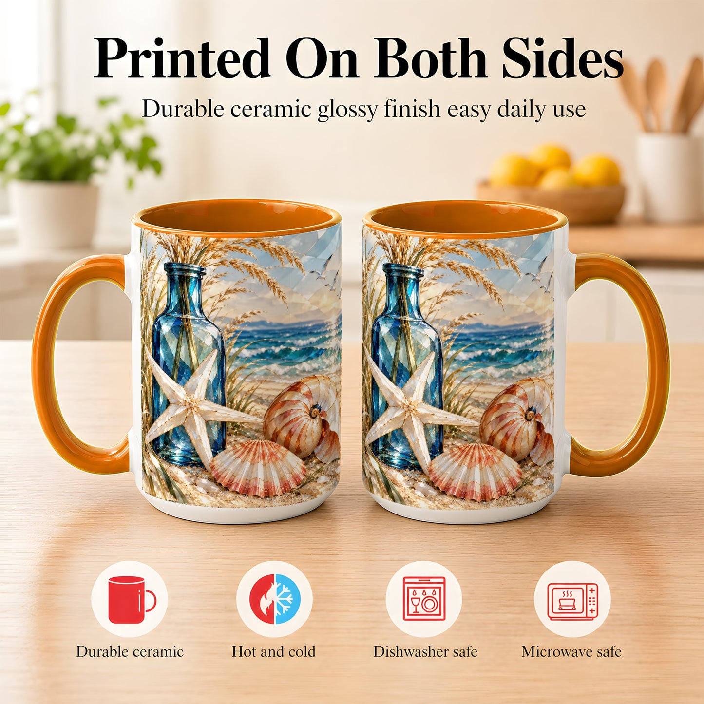 #pl[15oz|Orange] Stained Glass Style Seashell Coffee Mug, Starfish Mug, Ceramic Cup