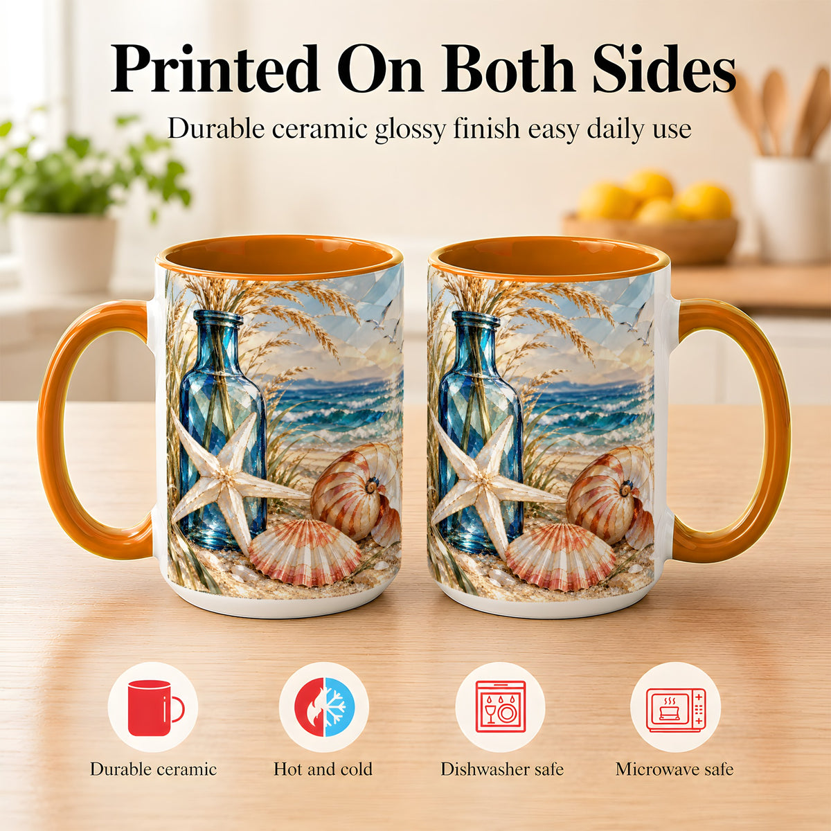 #pl[15oz|Orange] Stained Glass Style Seashell Coffee Mug, Starfish Mug, Ceramic Cup