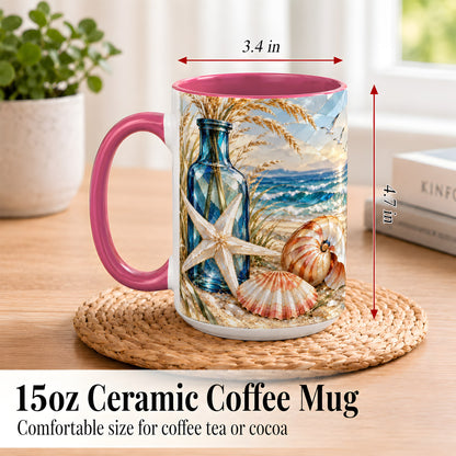 #pl[15oz|Pink] Stained Glass Style Seashell Coffee Mug, Starfish Mug, Ceramic Cup