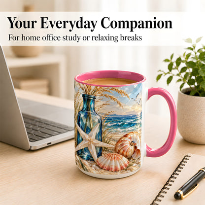 #pl[15oz|Pink] Stained Glass Style Seashell Coffee Mug, Starfish Mug, Ceramic Cup