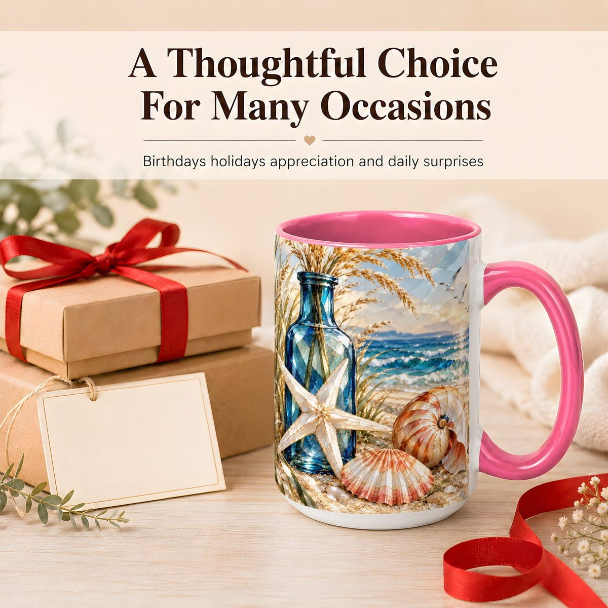 #pl[15oz|Pink] Stained Glass Style Seashell Coffee Mug, Starfish Mug, Ceramic Cup