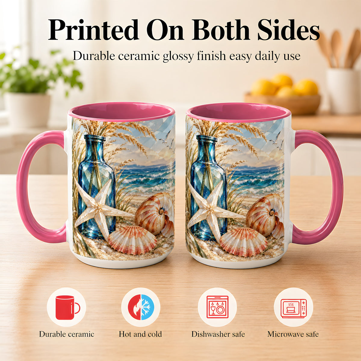 #pl[15oz|Pink] Stained Glass Style Seashell Coffee Mug, Starfish Mug, Ceramic Cup