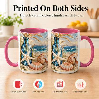 #pl[15oz|Pink] Stained Glass Style Seashell Coffee Mug, Starfish Mug, Ceramic Cup