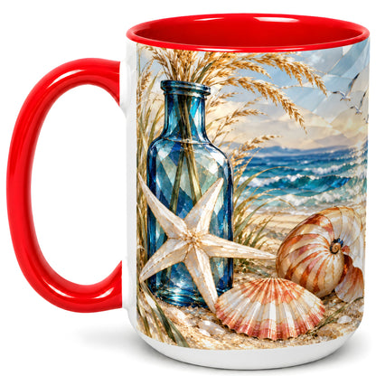#pl[15oz|Red] Stained Glass Style Seashell Coffee Mug, Starfish Mug, Ceramic Cup