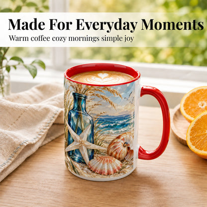 #pl[15oz|Red] Stained Glass Style Seashell Coffee Mug, Starfish Mug, Ceramic Cup