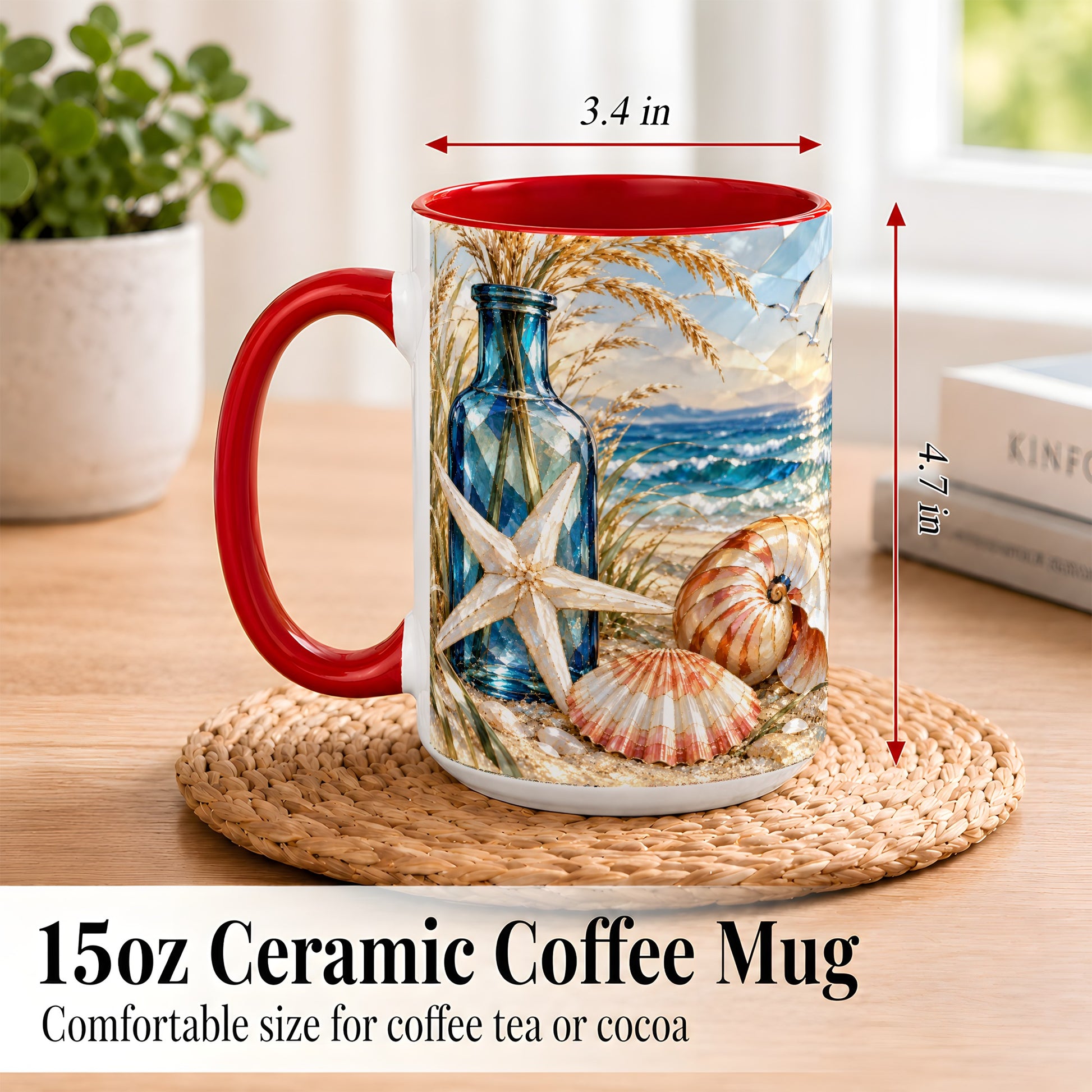 #pl[15oz|Red] Stained Glass Style Seashell Coffee Mug, Starfish Mug, Ceramic Cup