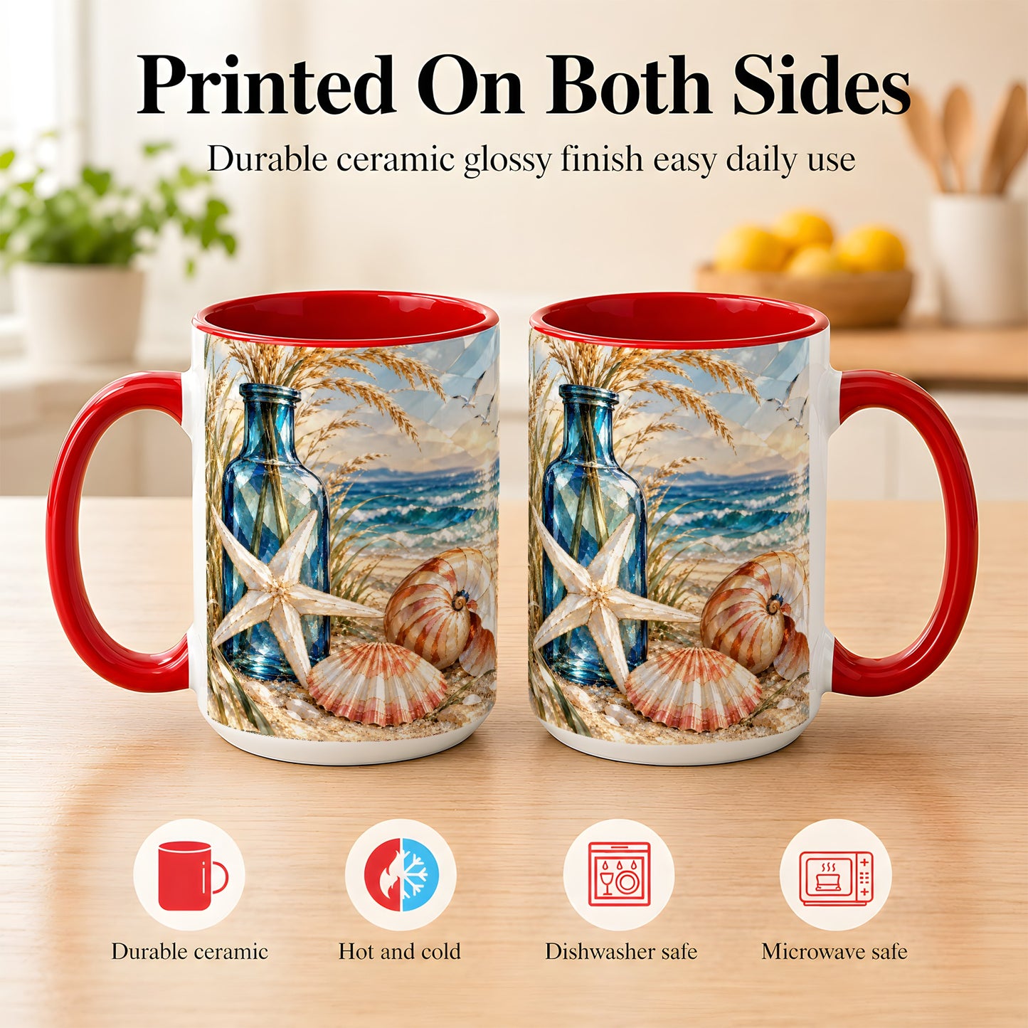 #pl[15oz|Red] Stained Glass Style Seashell Coffee Mug, Starfish Mug, Ceramic Cup