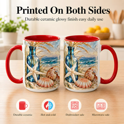 #pl[15oz|Red] Stained Glass Style Seashell Coffee Mug, Starfish Mug, Ceramic Cup