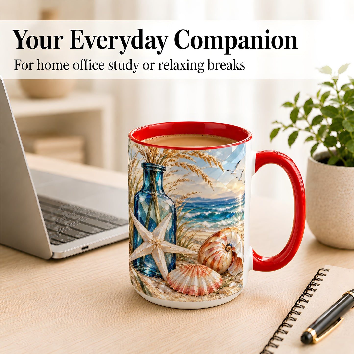 #pl[15oz|Red] Stained Glass Style Seashell Coffee Mug, Starfish Mug, Ceramic Cup