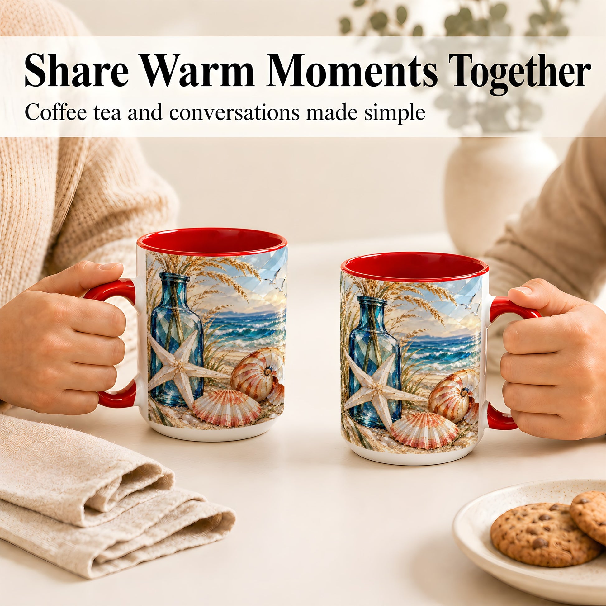 #pl[15oz|Red] Stained Glass Style Seashell Coffee Mug, Starfish Mug, Ceramic Cup