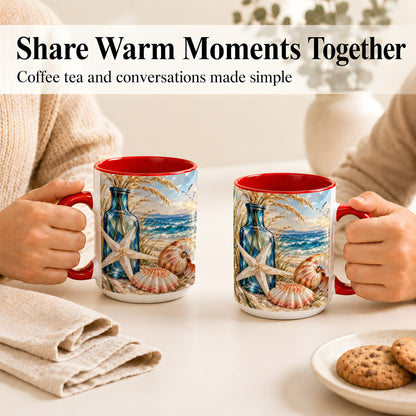 #pl[15oz|Red] Stained Glass Style Seashell Coffee Mug, Starfish Mug, Ceramic Cup