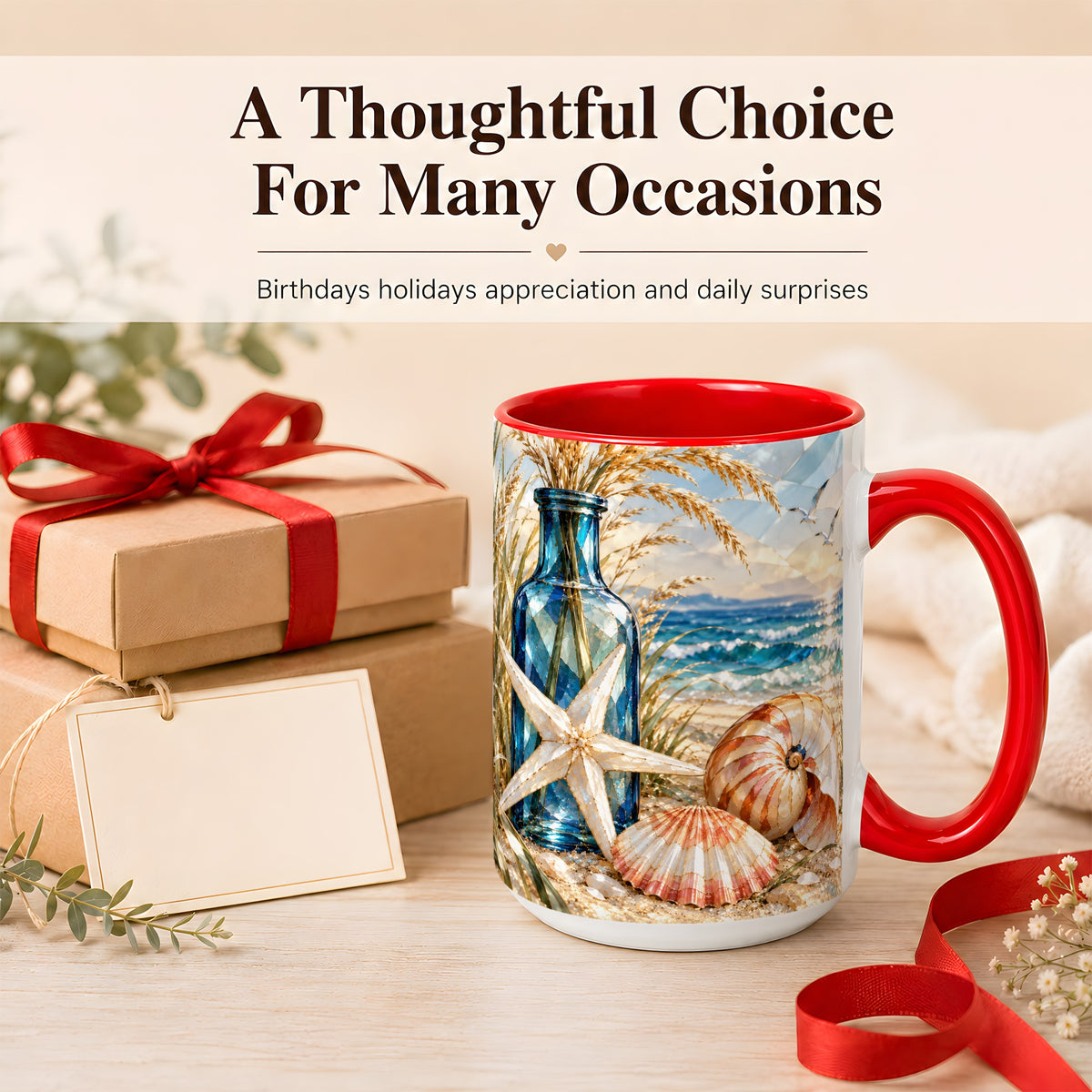 #pl[15oz|Red] Stained Glass Style Seashell Coffee Mug, Starfish Mug, Ceramic Cup